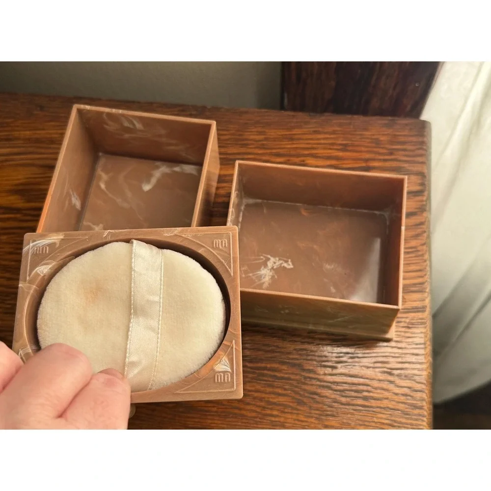 Vintage Merle Norman Cosmetics Powder Box Brown Marble Plastic with Clear Lid